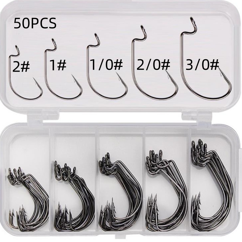 Fishing Hook Box - 50個入り/箱 高炭素鋼製釣り針 オフセットワイドギャップバーブ付きジグフック ソフトワーム海釣り用