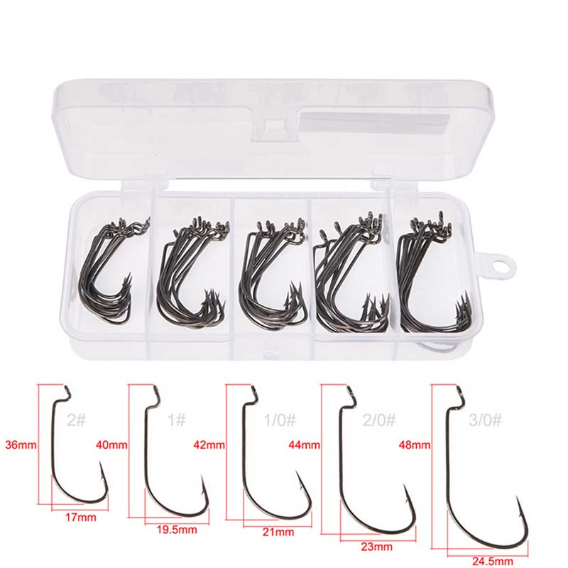 50個入り/箱 高炭素鋼製釣り針 オフセットワイドギャップバ - Fishing Hook Box のレビューと価格
